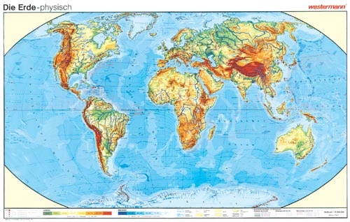 Wandkarte Die Erde, physisch, 245x125 cm, mit Bestäbung