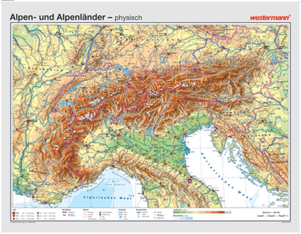 Wandkarte Alpen und Alpenländer, physisch/politisch, 181x140 cm