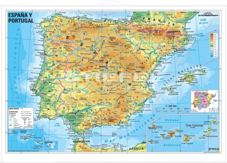 Wandkarte Spanien und Portugal, physisch, spanisch, 160 x 120cm